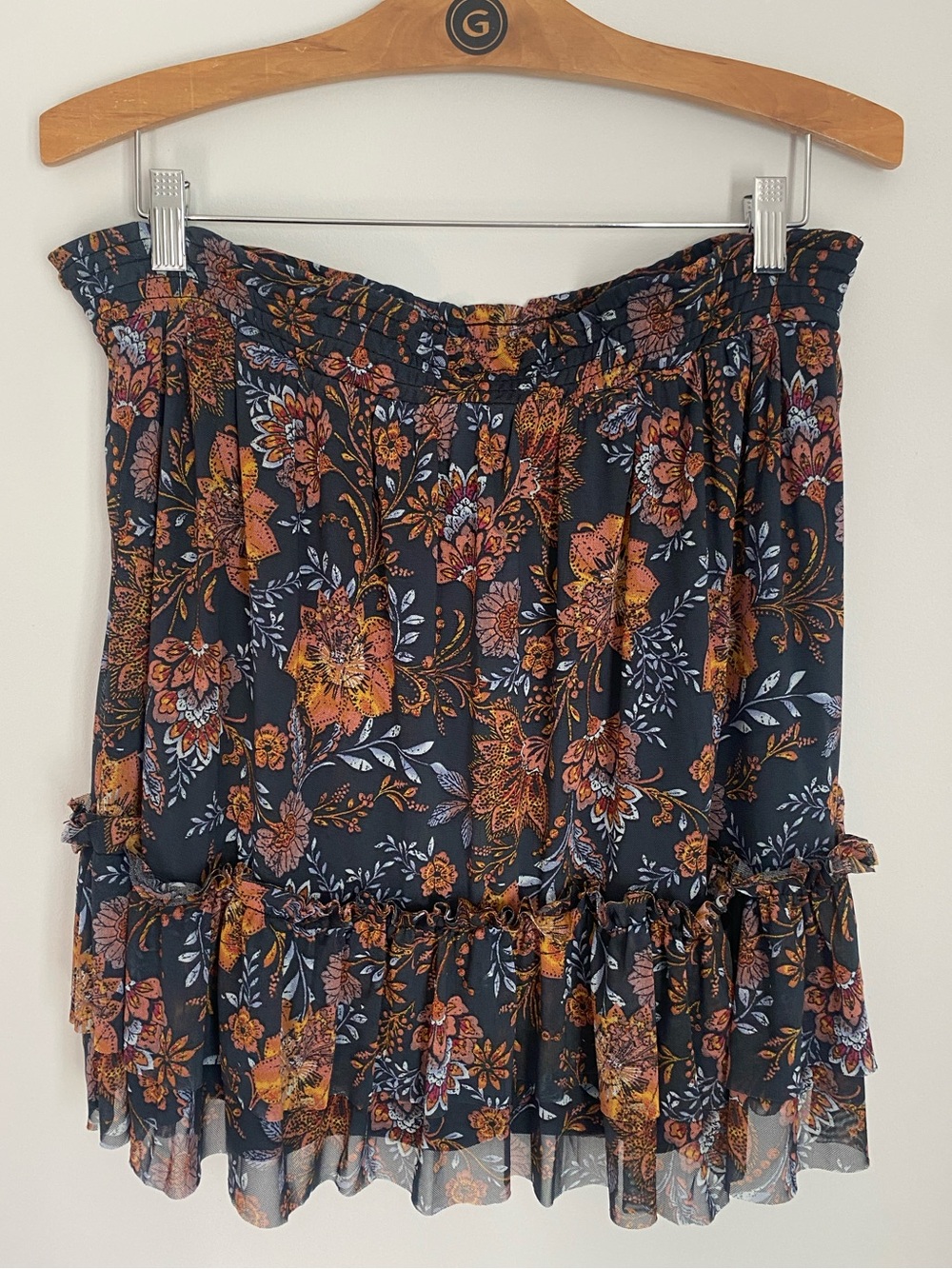 Evereve Navy Floral Tiered Mini Skirt with Rust Accents Size Large